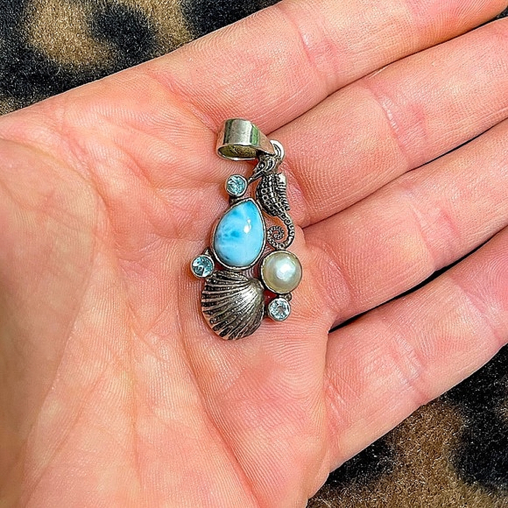Sterling Silver 925 Larimar Pearl Blue Topaz Seahorse Pendent